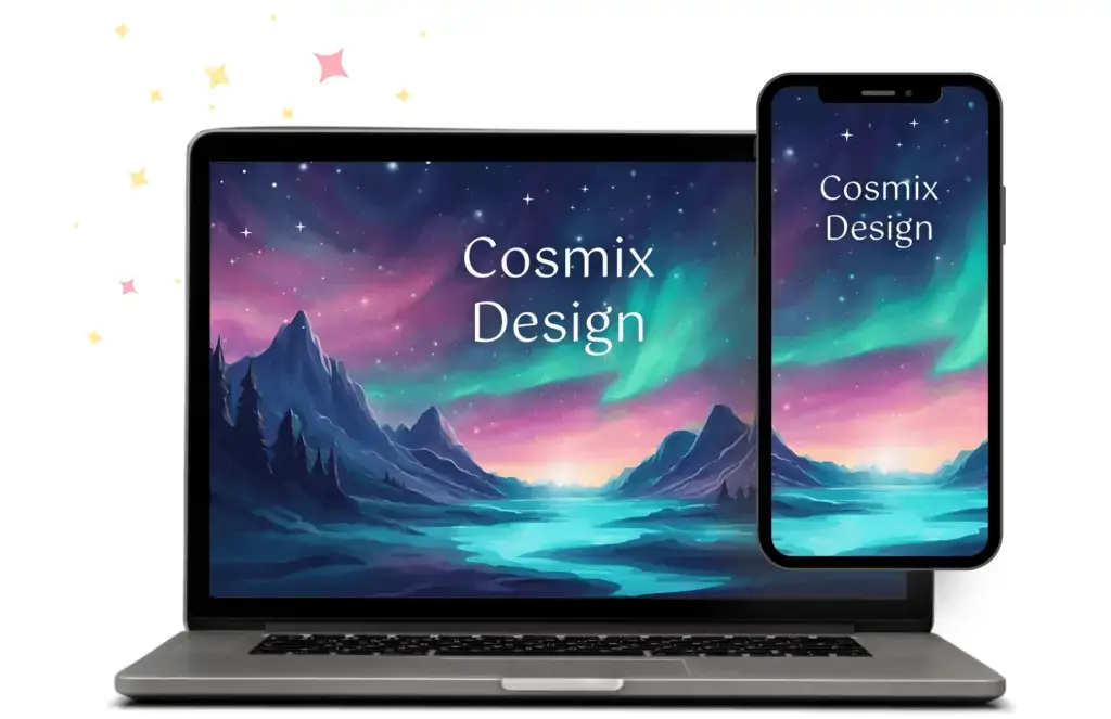 A laptop and mobile showcasing a stunning cosmos-themed screen. Text: Cosmix Design.